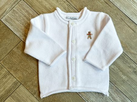 A Soft Idea Gingerbread Boy Baby Cardigan in White For Sale