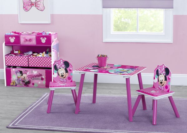 Minnie Mouse 4-Piece Playroom Solution – Set Includes Table and 2 Chairs and 6-Bin Toy Organizer Supply