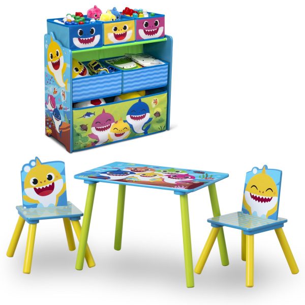 Baby Shark 4-Piece Playroom Solution  – Set Includes Table and 2 Chairs and 6-Bin Toy Organizer Online now