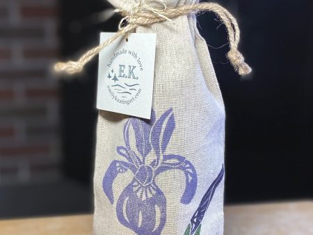 Purple or Blue Hand-Printed Iris Wine Bottle Gift Bag For Sale