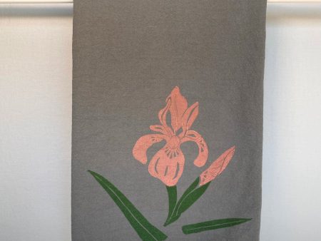 Peach Iris on Grey Tea Towel Sale