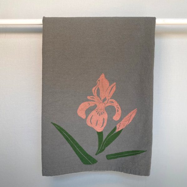 Peach Iris on Grey Tea Towel Sale