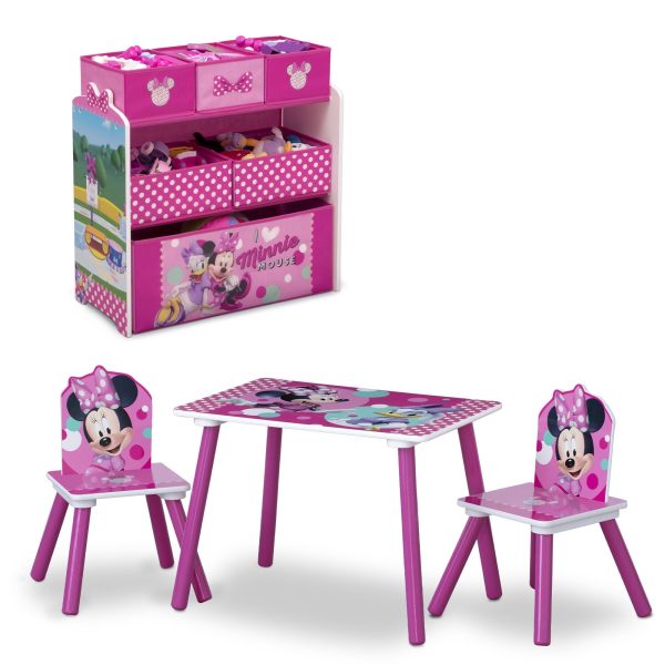 Minnie Mouse 4-Piece Playroom Solution – Set Includes Table and 2 Chairs and 6-Bin Toy Organizer Supply