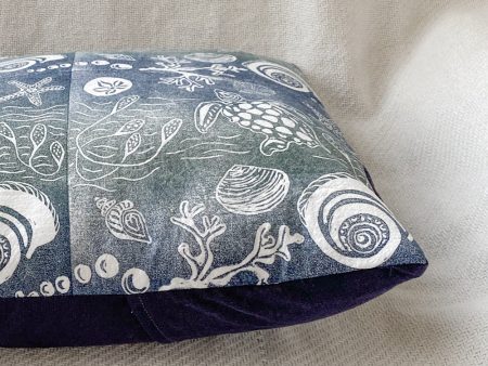 Hand-printed coastal pillow cover plus insert: blue green 16 x16  Supply