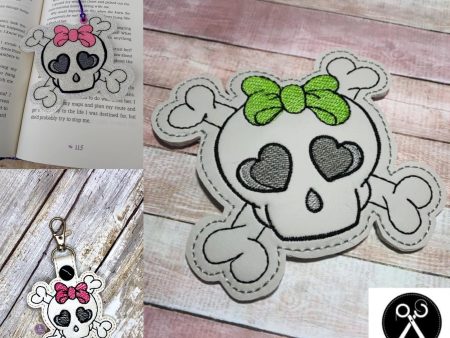 Bow Skull Design set (snap tab, bookmark bag tag ornament and coaster) machine embroidery design DIGITAL DOWNLOAD Discount