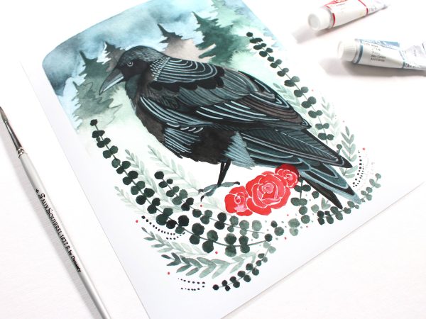 Crow with Roses Art Print (8  x 10 ) Cheap