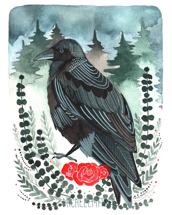 Crow with Roses Art Print (8  x 10 ) Cheap