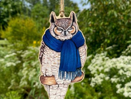 Great Horned Owl in Scarf Wood Print Ornament For Sale