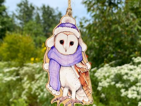 Barn Owl in Hat and Scarf Wood Print Ornament Fashion