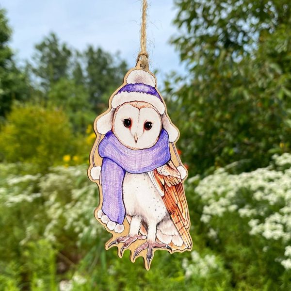 Barn Owl in Hat and Scarf Wood Print Ornament Fashion