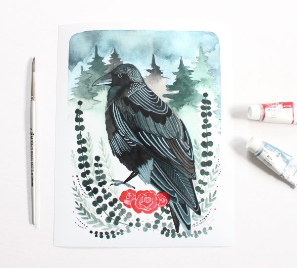 Crow with Roses Art Print (8  x 10 ) Cheap