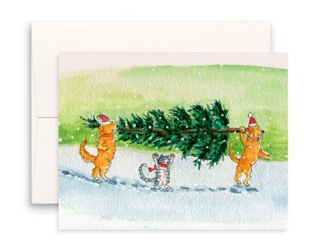 Cat & Dog Carry Tree Christmas Card Fashion